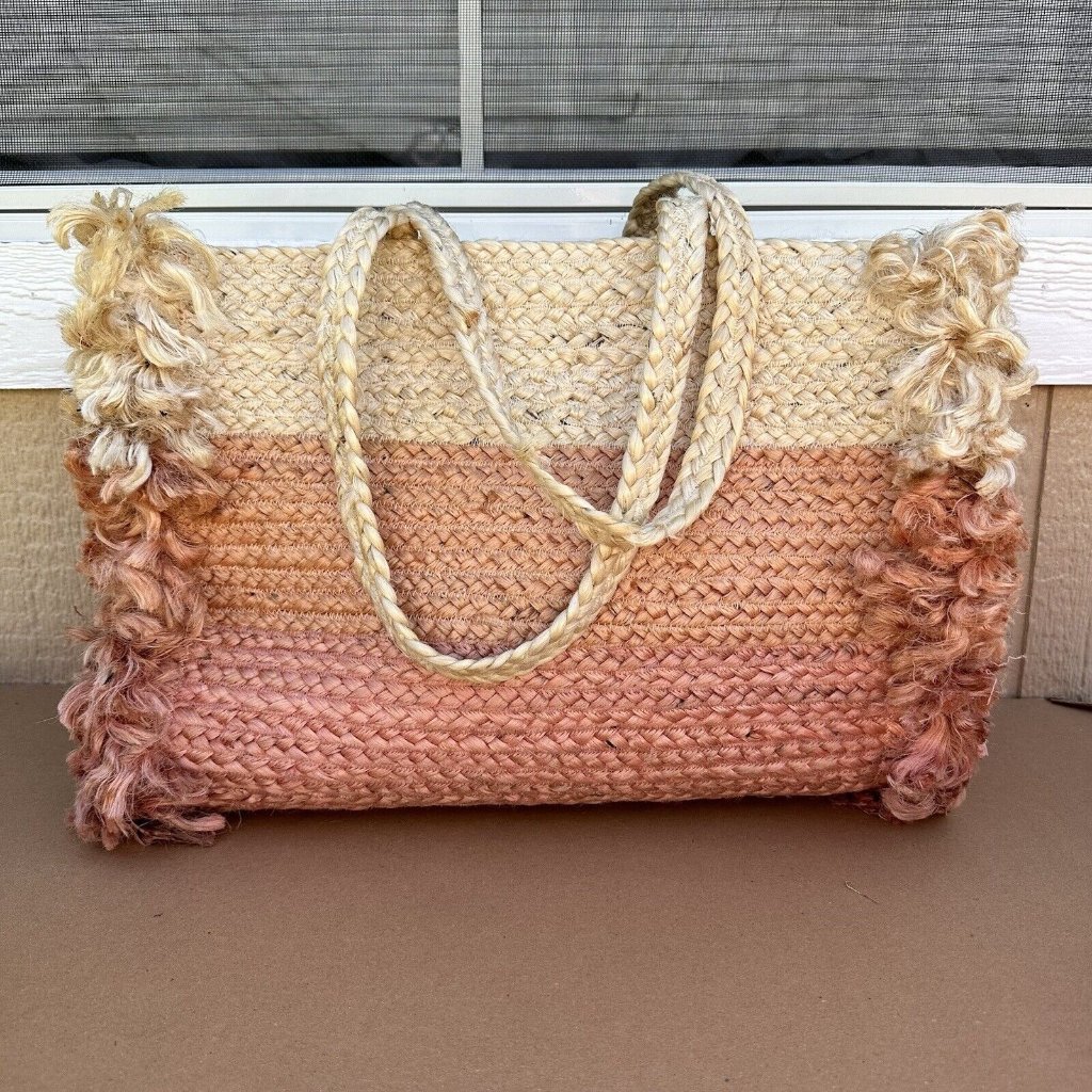 Shiraleah Chiara Ombr Jute Tote Bag Fringe Beach Cruise Pink Coral Peach